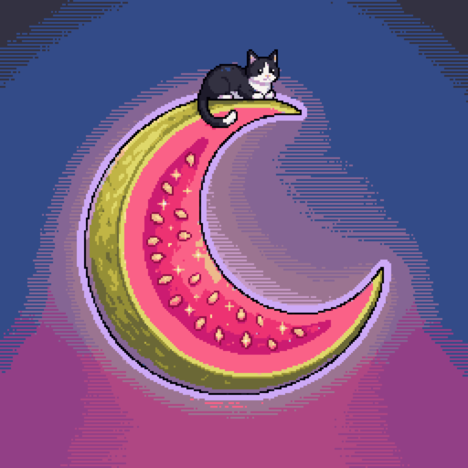 Goiaba Lunar: uma lua de goiaba com um gato em pixel art
